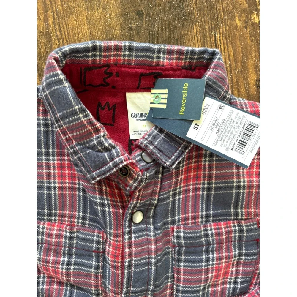 Genuine Kids OshKosh Boys Reversible Flannel Shirt Red Plaid Crown 5T NWT